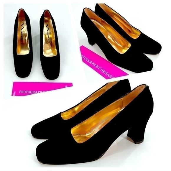 Nina Velour Block Heel Shoes Black Size 8 M Made in Spain - Picture 1 of 13